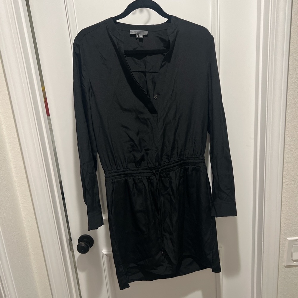 VINCE Black Silk Dress Drawstring Waist Long Sleeve